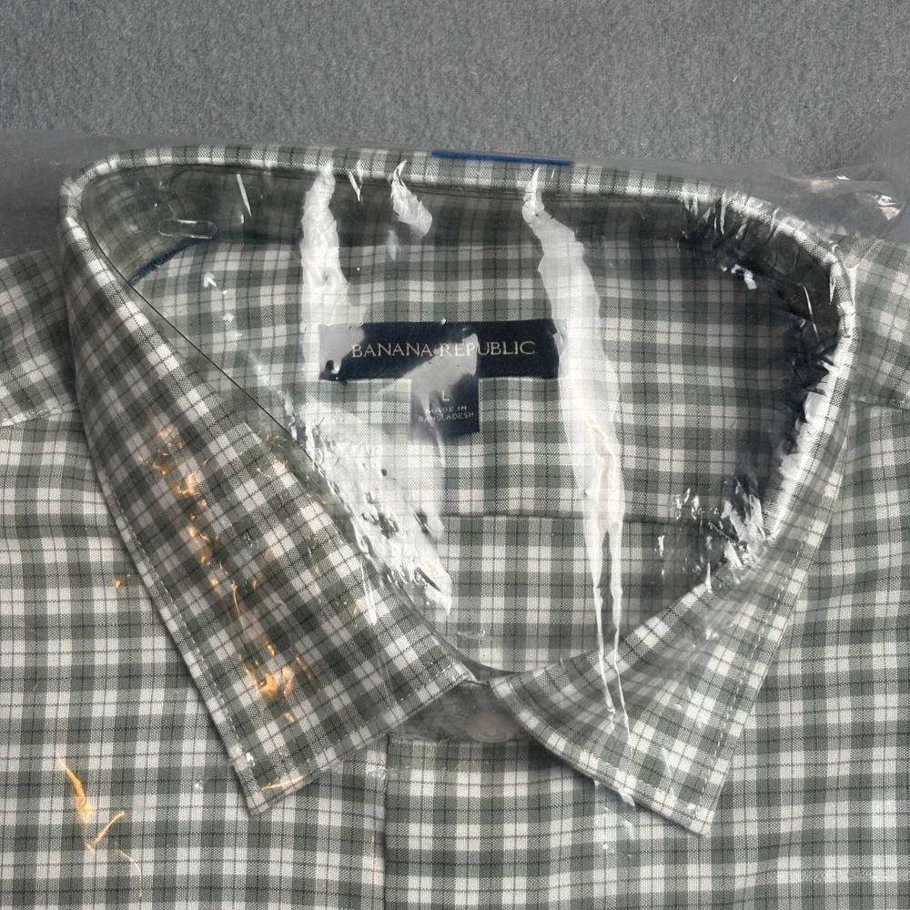 Banana Republic Mens Non Iron Slim Fit Dress Shirt Green Gingham 17.5 x 36 L